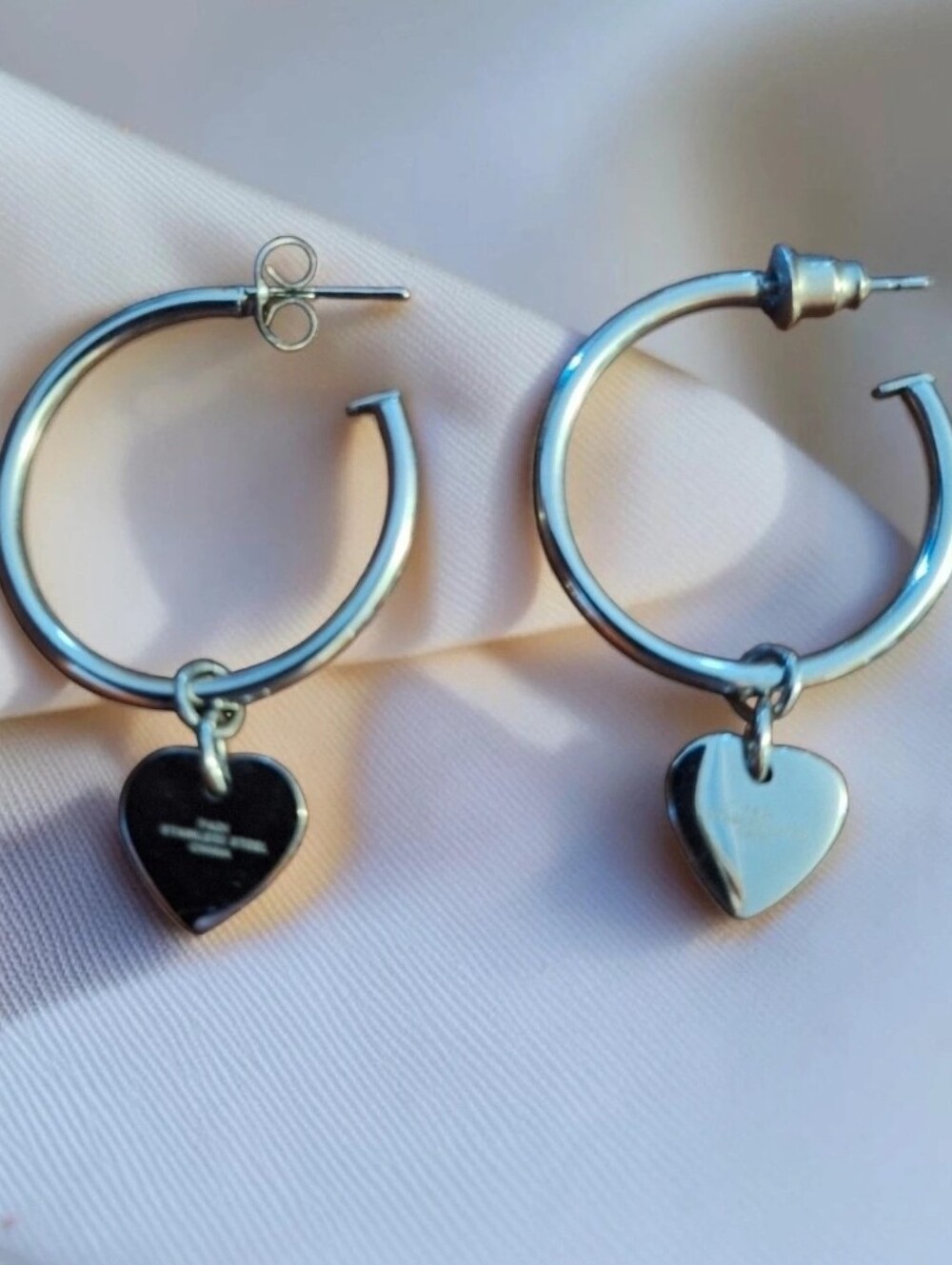 Stainless Steel Silver Heart Charm Hoop Earrings - Silver